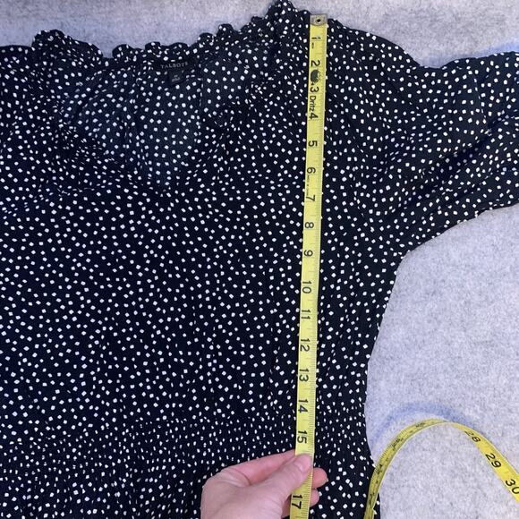Talbots Dress Black White Dot Midi Dress Smocked Waist 3/4 Sleeve Ruffle Tier M - Picture 13 of 14